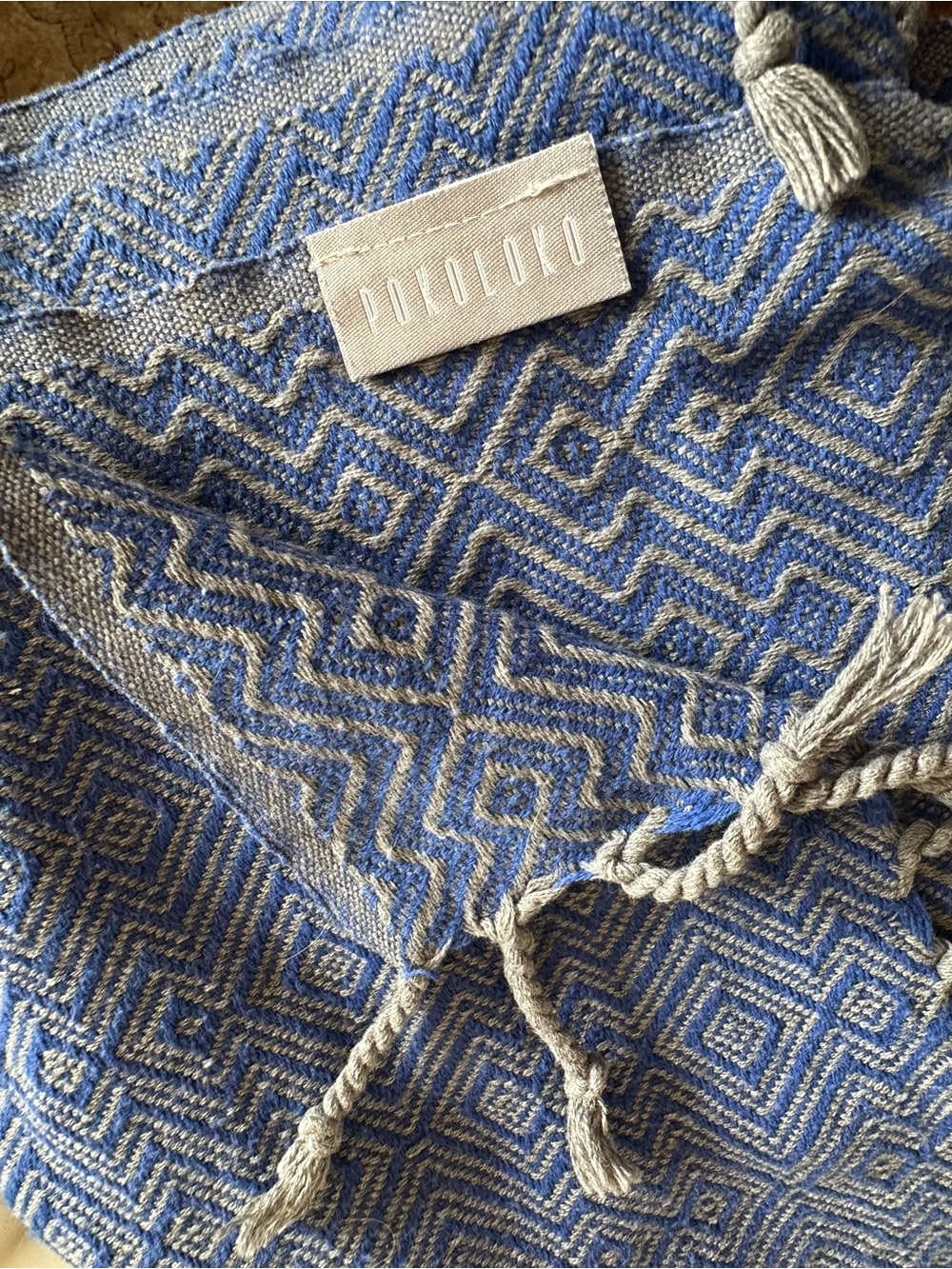 Patterned Blue & Gray Pokoloko Woven wrap with Tassels